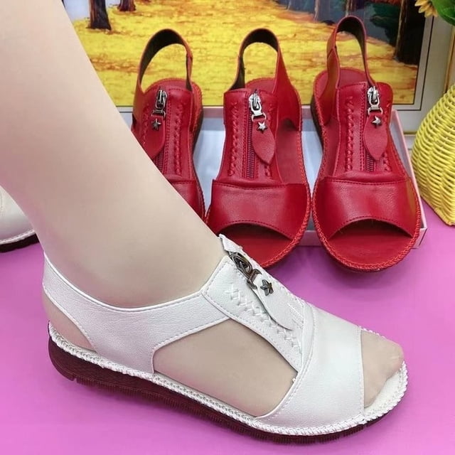Sandalias de mujer con cremallera, planas, suaves, de cuero Pu, suela cómoda, Sandalias informales de verano para madre, zapatos de Color sólido de talla grande, Chaussure Femme Tan Jianjun unisex