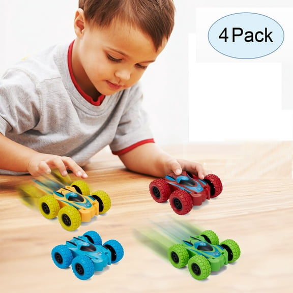 4Pcs/Set Small Cars 360 Degree Rotation 4 Wheels Drive Toys Friction Powered Car for Boys Girls (1 Green/1 Blue/1 Red/1 Yellow)