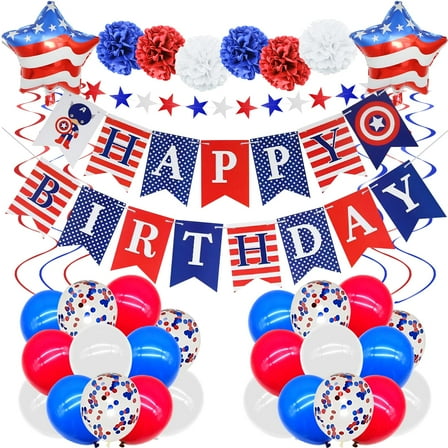 Patriotic Party Decorations Red White KKS1 and Blue Decorations with Patriotic Balloons Happy Banner Paper Pompoms Star Streamer for American Theme 4th of July Party Decor (A)