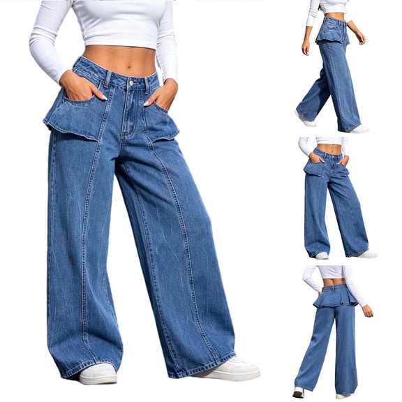 SBYOJLPB Women Jeans Pants Solid Color Ruffled High-waisted Casual Straight-leg Denim Pants with Pockets