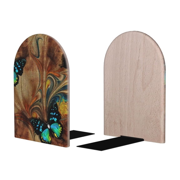 Picia Vintage Butterfly Green Pattern Wood Bookends for Shelves,Non-slip Bookends, Heavy Duty Wooden Bookend Support,1 Pair