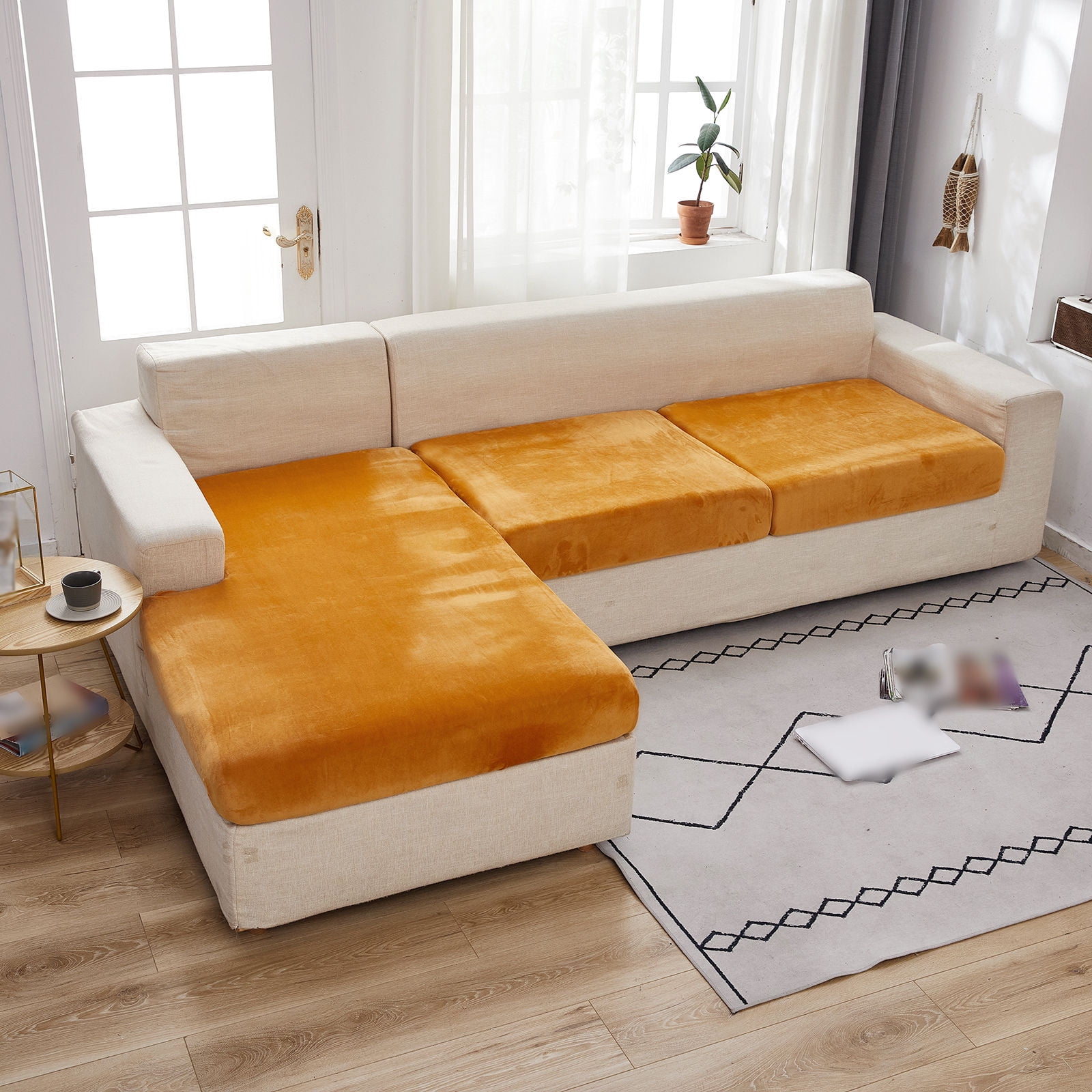 Velvet 1 2 3 Cushion Couch Cushion Cover for L-Shaped Sofa Chaise Longue Sofa Slipcover, Stretch Sofa Cover Non-slip Soft Furniture Protector -Orange-Chair