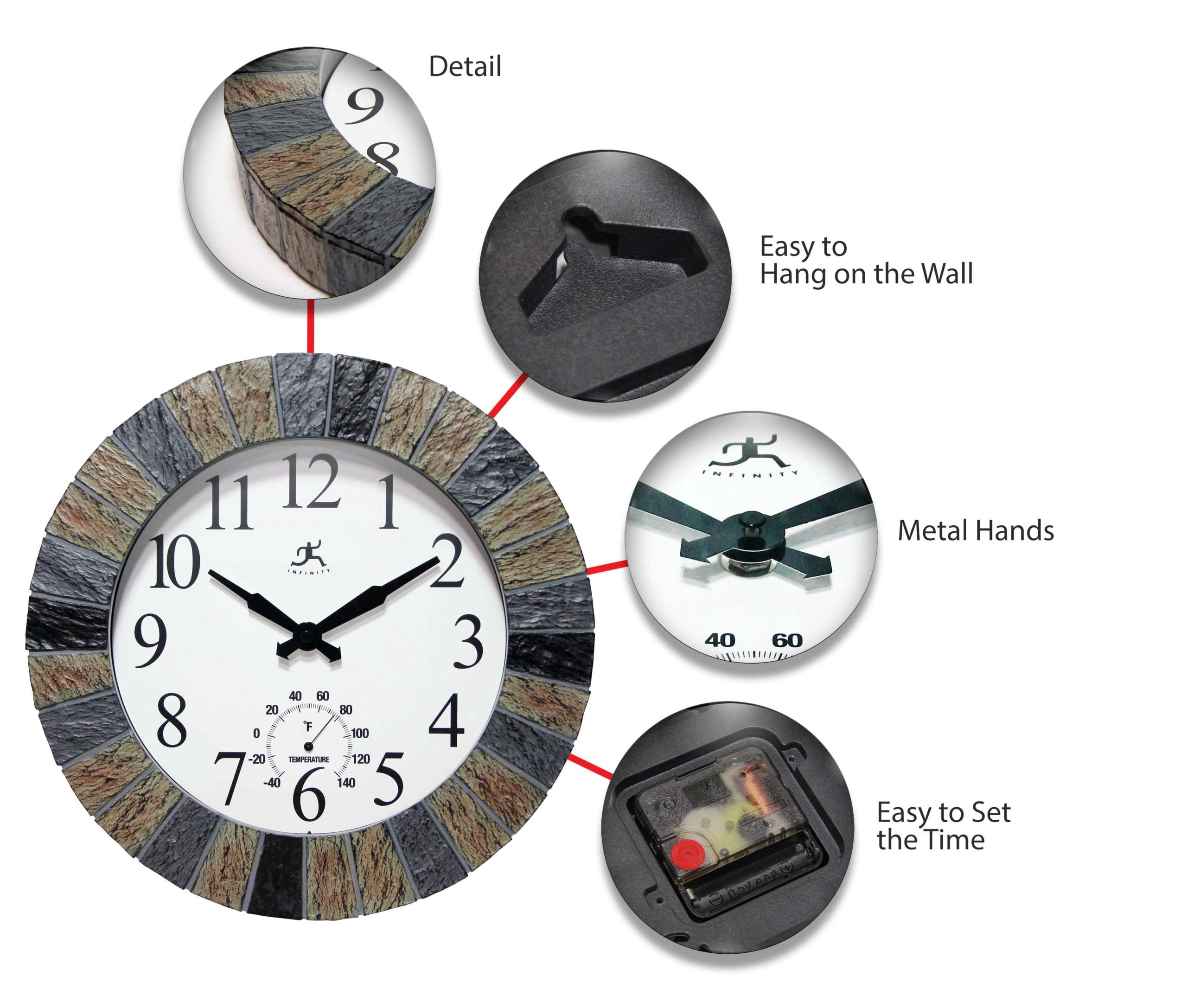 Infinity Instruments 13-inch x 13-inch Indoor/Outdoor Faux Dark Slate Multicolor Wall Clock 2 with Thermometer