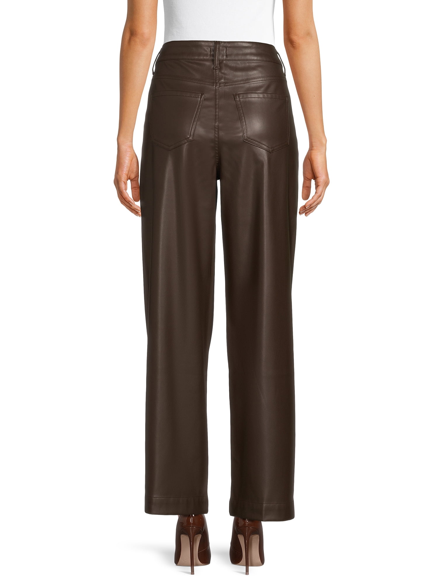 Time and Tru Women's High Rise Faux Leather Wide Leg Trousers – Regular, Short, Long Inseams Available