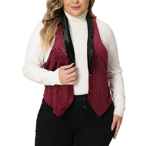 Agnes Orinda Plus Size Women's Waistcoat Vintage Velvet Lapel Collar Button Down Jacquard Waistcoats Vest 2X Burgundy
