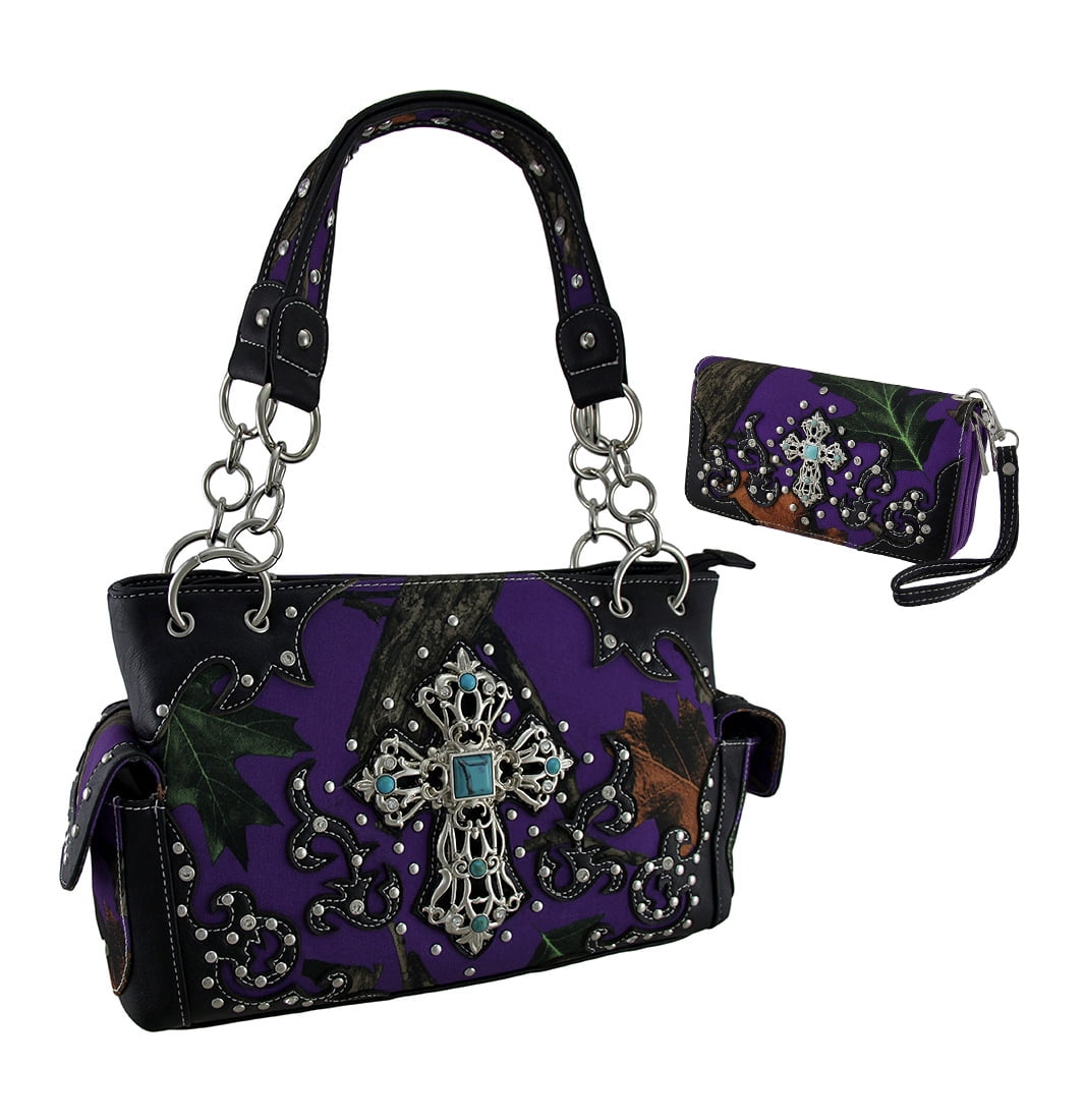 Purple Forest Camo Filigree Cross Concealed Carry Purse Wallet Set Purple Forest Camo Filigree Cross Concealed Carry Purse Wallet Set