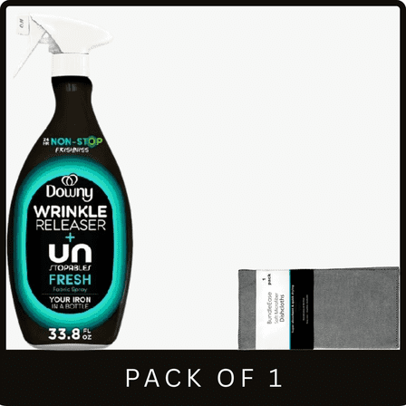 Downy Wrinkle Releaser Fabric Spray Unstopables Fresh 33.8 fl oz with Microfiber Solid Color Towel by BundleEase