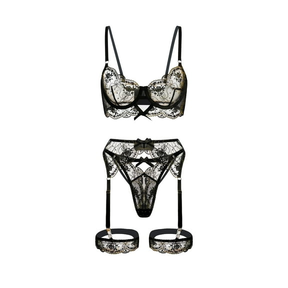 Sheer Black &Golden Embroidery Lingerie Set (BLACK, S)