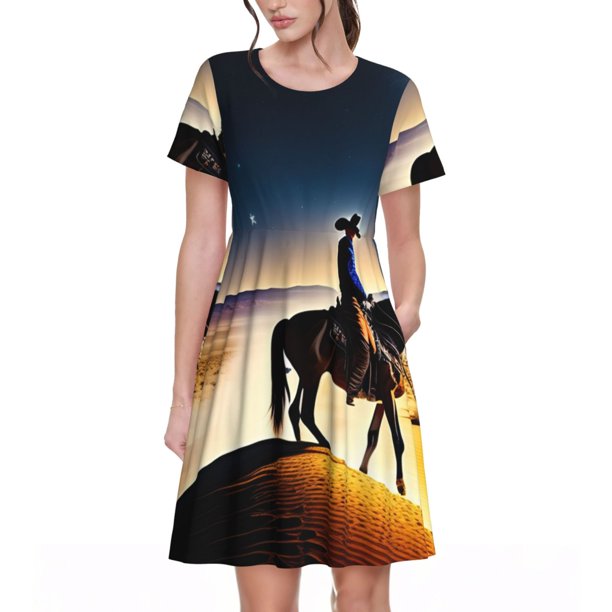 Balery Azure Sky Western Desert Cowboy Vestidos sueltos de manga corta para mujer, vestidos de verano 2025, vestidos casuales de corte A con vuelo.