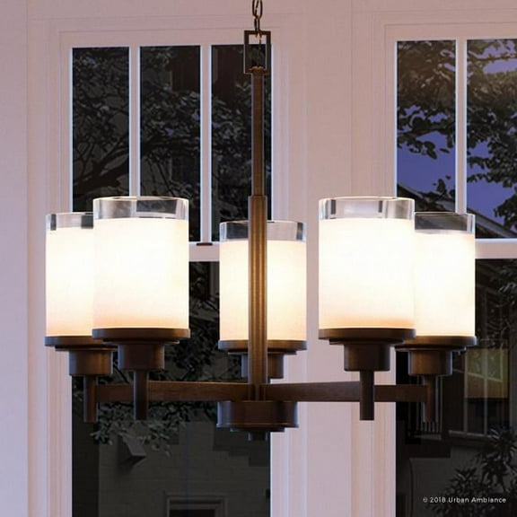 Urban Ambiance Luxury Farmhouse Chandelier, Size: 19-3/4"H x 20"W, with Transitional Style Elements, Olde Bronze Finish and Etched Umber Linen with Clear Edge Shade, UHP2018
