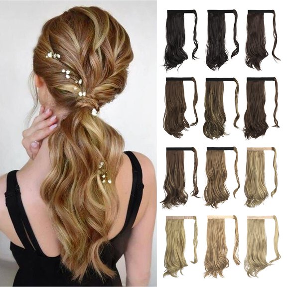 Curly Ponytail Extension 15 Inch Heat Resistant Synthetic Natural Wavy Hairpiece Wrap Around Pony Tail Hair Extensions for White Black Women Hair Piece, Brown Highlighted Light Blonde
