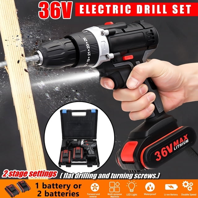 Perceuse Sans Fil Multifonction Réglable 36V Marteau Rechargeable Tournevis Électrique 2 Vitesses 25