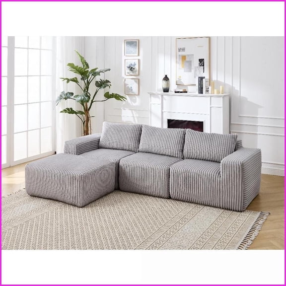 Modern Minimalist Modular L-Shape Sectional Sofa with Deep Seats & Right-Facing Chaise - Light Gray Living Room Couch | Fabric | Cushion Back | Square Arms