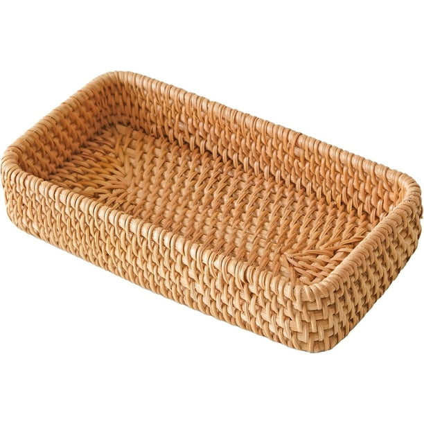 Bandeja de servicio de ratán, juego de 3 bandejas tejidas rectangulares, cesta de almacenamiento de mimbre, cestas de mimbre para organizar, cestas de servicio decorativas de mimbre natural para