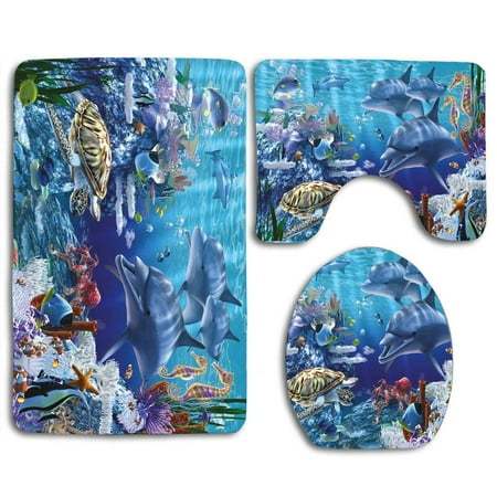 Sea Turtle Bathroom Rug GOHAO Sea Life Turtle Fish 3 Piece Bathroom Rugs Set Bath Rug Contour Mat and Toilet Lid Cover ()