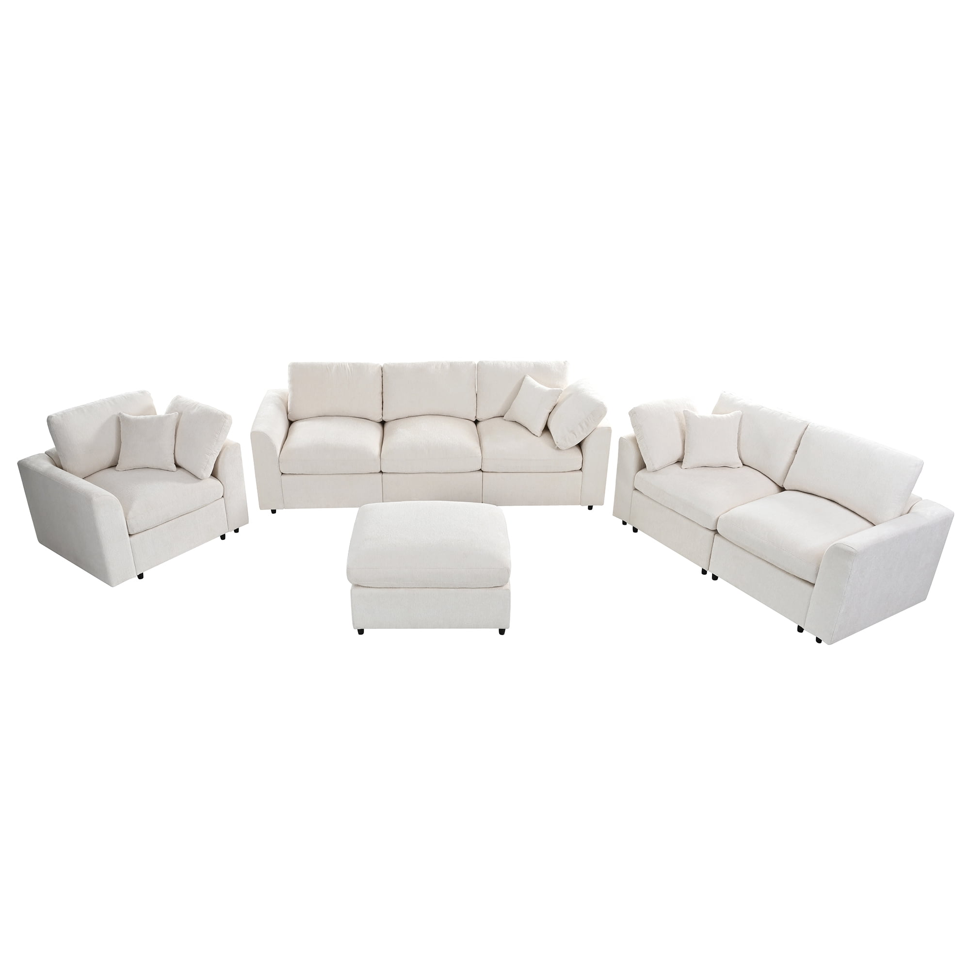 Howcool 4-Piece Modular Sectional Sofa Set,3-Seater Sofa + Loveseat + Accent Chair + Movable Ottoman,Soft Chenille Deep Seat Sofa Couch with Solid Wood Frame for Living Room,Beige
