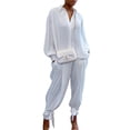 thumbnail image 1 of Fortune 2Pcs Femmes Automne Tenues Solide Revers Côtelé Manches Longues Top Pantalon, 1 of 5