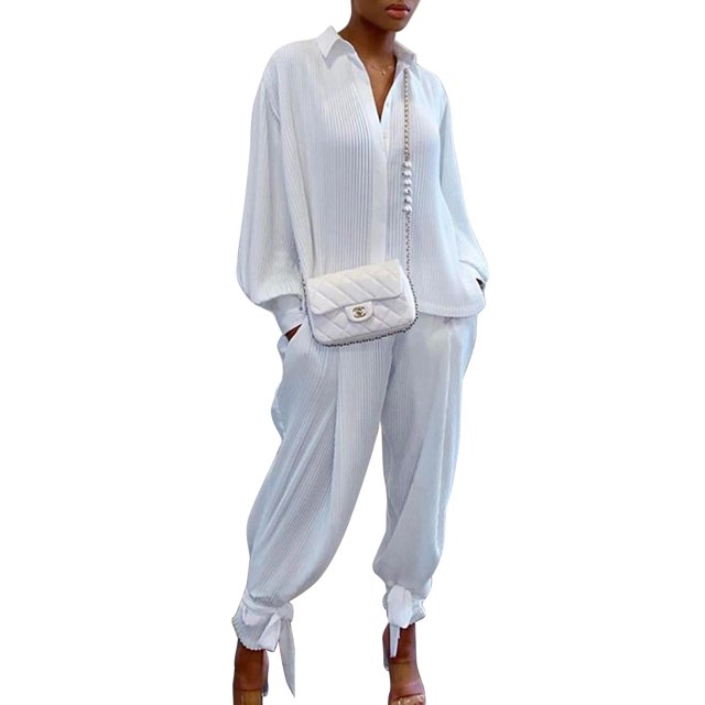 Fortune 2Pcs Femmes Automne Tenues Solide Revers Côtelé Manches Longues Top Pantalon