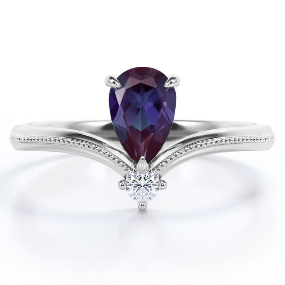 JeenMata Milgrain Border - 1 Carat Pear Cut Lab Grown Alexandrite and Moissanite - V Shaped Double Stone Engagement Ring - 18K White Gold Plating over Silver