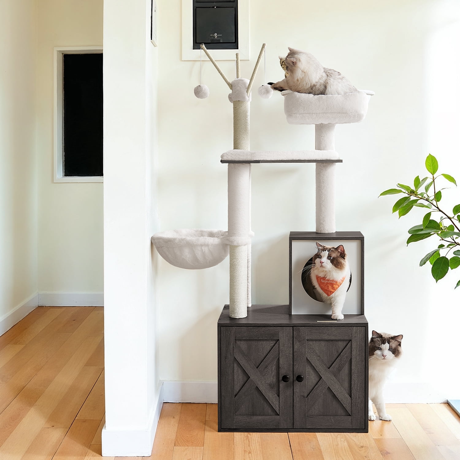 LEDREM 55.1" 2-in-1 Cat Tree & Litter Box Enclosure, Modern Cat Tower with Scratching Posts, Removable Toys, Space-Saving Design, Misty Gray