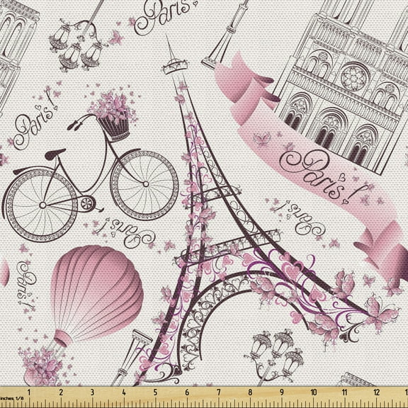 Eiffel Fabric by the Yard Upholstery, Composition Floral Landmark Notre Dame Bicycle Air Balloon, Decorative Fabric for DIY and Home Accents, 10 Yards, Rose Black White by Ambesonne