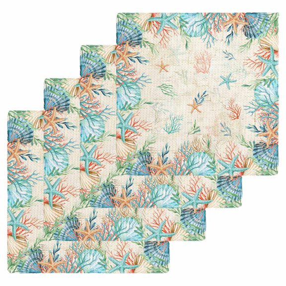 Beach Coastal Kitchen Dish Towels for Drying Dishes Set of 4, Summer Coral Starfish Nautical Ocean Vintage Waffle Weave Microfiber Hand Tea Bathroom Towels Quick Dry & Absorbent Towel 12x12
