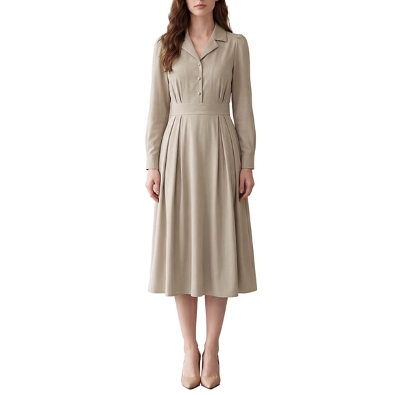 INSPIRE CHIC Women's Collared Shirt Midi Dress High Waist Long Puff Sleeve A Line X Small Apricot