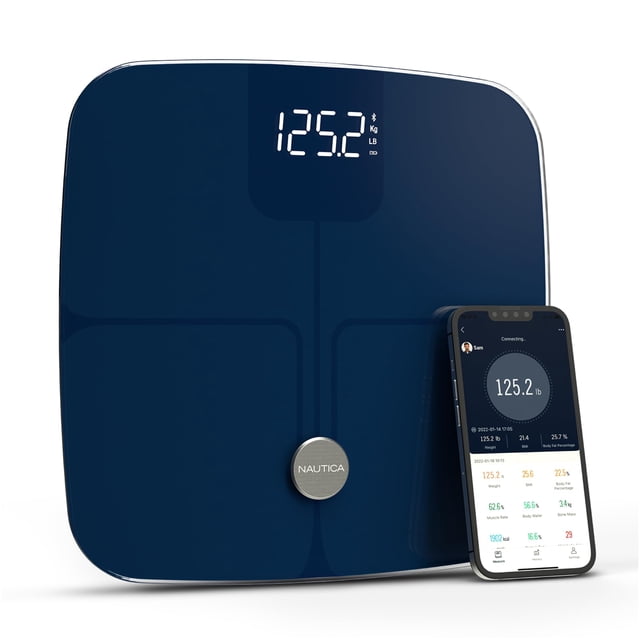 Báscula de baño digital Nautica Body Tracker, báscula inteligente con Bluetooth, IMC, grasa corporal, seguimiento de masa muscular y más, se sincroniza con la aplicación de teléfono inteligente para s
