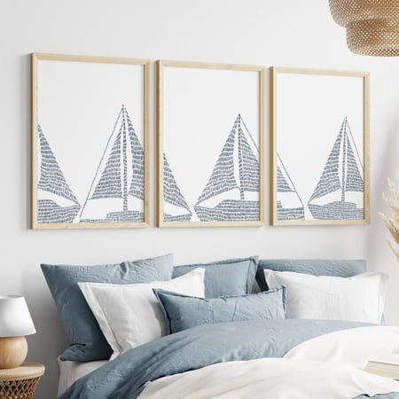 Sailboat Print Triptych Blue White Nautical Decor Coastal Sailboat Nautical Illustration Art Prints or Canvases Poster Set 3