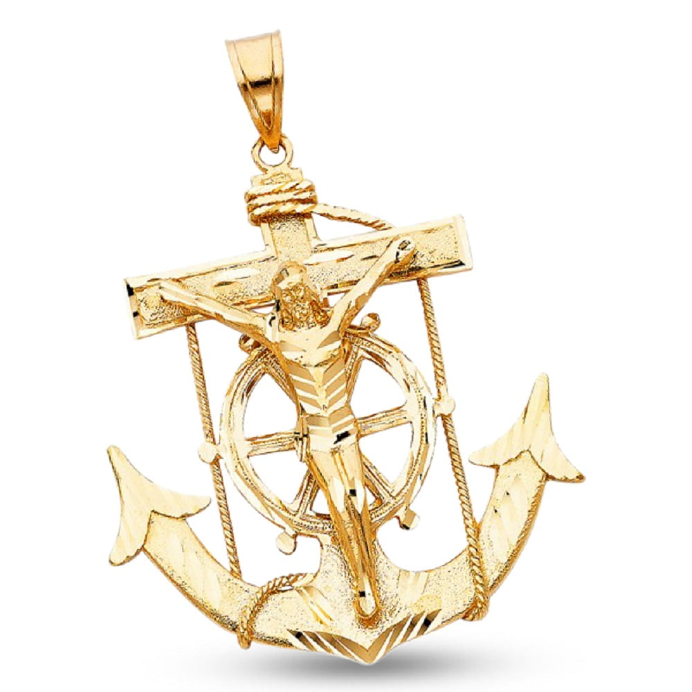 GemApex - Mariner Crucifix Charm Solid 14k Yellow Gold Jesus Anchor ...