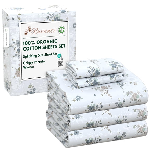 RUVANTI 100% Organic Cotton Sheets -Split King Sheet - 5 Piece Percale Weave Bedding, Crisp, Cooling & Breathable, Soft & Durable, 16" Deep Pocket, Hotel Quality Sábanas - Halcyon