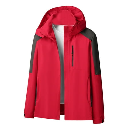 HOOMEUMY Men s Hooded Rain Jacket Windproof Waterproof Lightweight Outdoor Hiking Camping Coat with Pockets Red XL