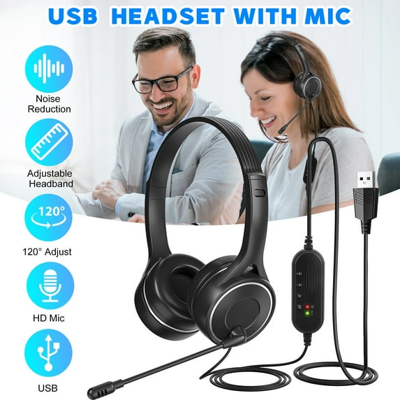 USB Headset with Noise Cancelling Microphone for Laptop, Wired Headphones for Office, Call Center, Home