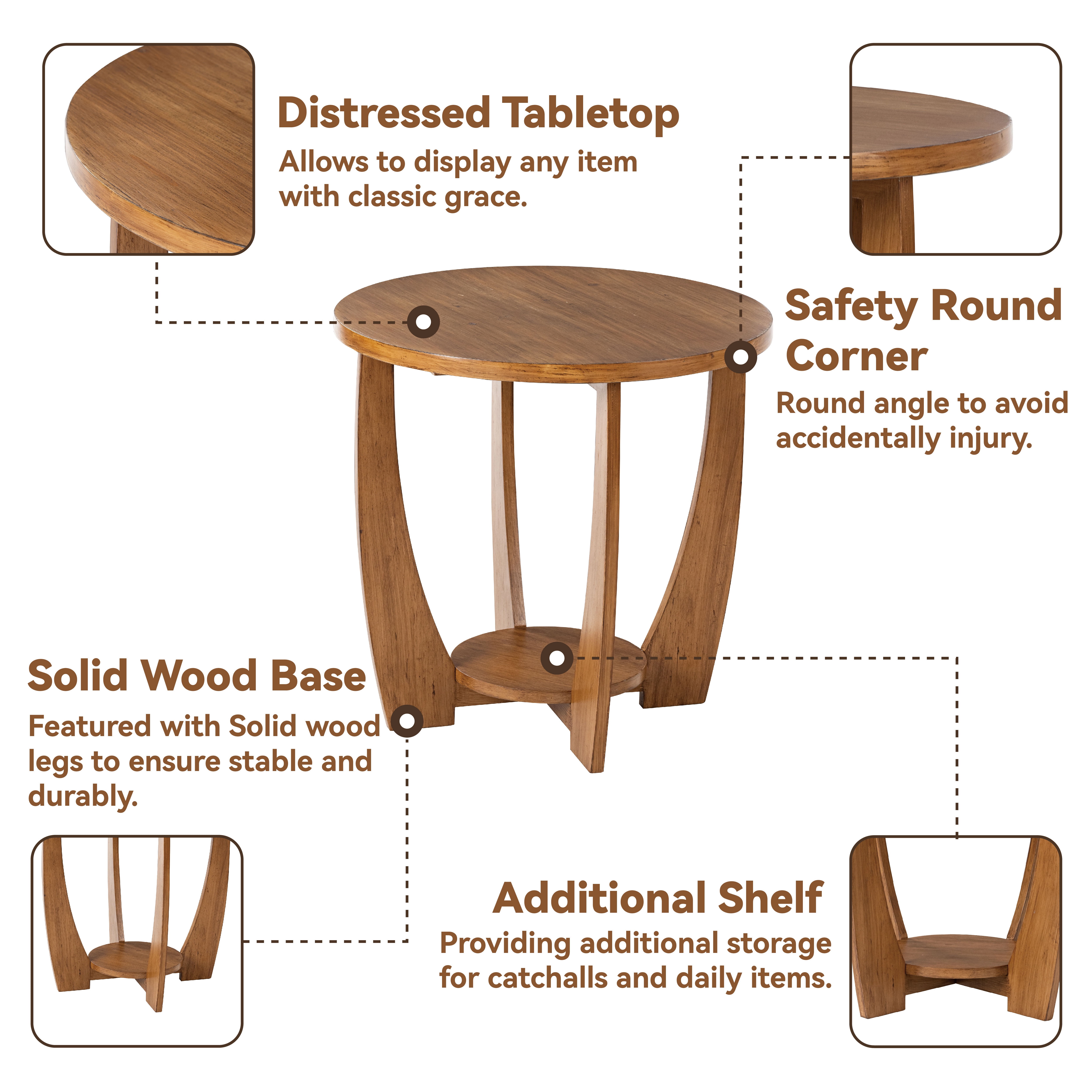 COZAYH Modern Rustic Farmhouse Stability Medium Density Fiberboard Circle End Table, Brown
