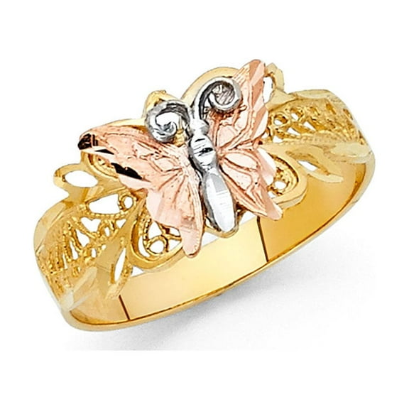 Butterfly Ring 14k Yellow White Rose Gold Diamond Cut Fashion Style Solid Tri Color 10MM, Size 7