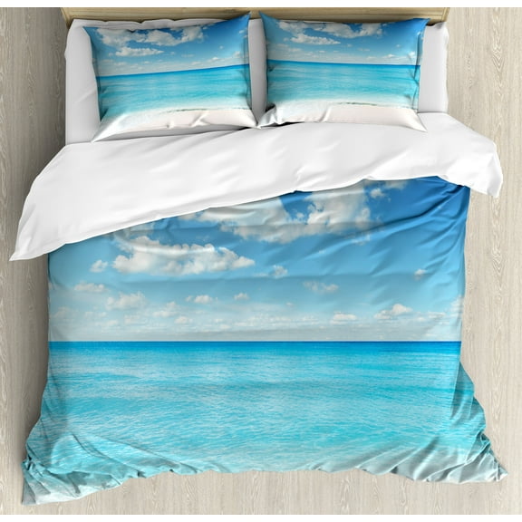 Tropical Duvet Cover Set, Exotic Beach with Vivid Sky Sunny Day Holiday Relaxing Ocean Island Scenery, Decorative 3 Piece Bedding Set with 2 Pillow Shams, Queen Size, Sky Blue Aqua, by Ambesonne