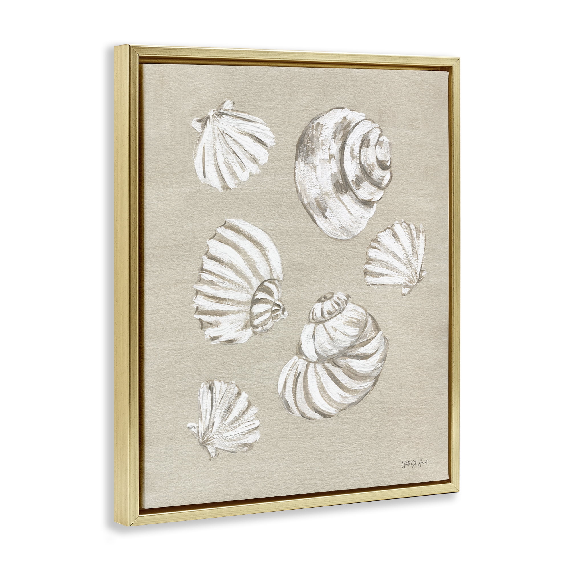Stupell Industries Beach Shell Treasures Coastal Painting Gold Floater Framed Canvas Art Print Wall Art, 17 x 21