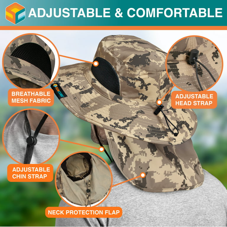 SUN CUBE Fishing Hat for Men with UV Sun Protection Wide Brim, Face Cover,  Neck Flap - Hiking Safari Outdoor UPF50+