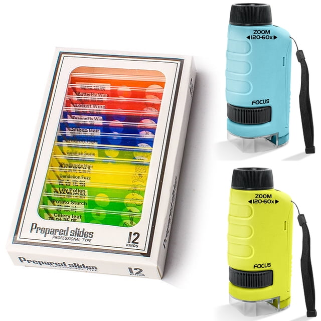 Microscopio para experimento científico bolsillo mini educativo mano 2 piezas 60-120x con diapositivas muestras LED laboratorio escuela en casa biológica educativos