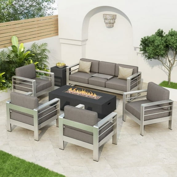 Miller Outdoor 4 Piece Set of Club Chairs with a 3 Seater Loveseat and Dark Grey Firepit, Gray