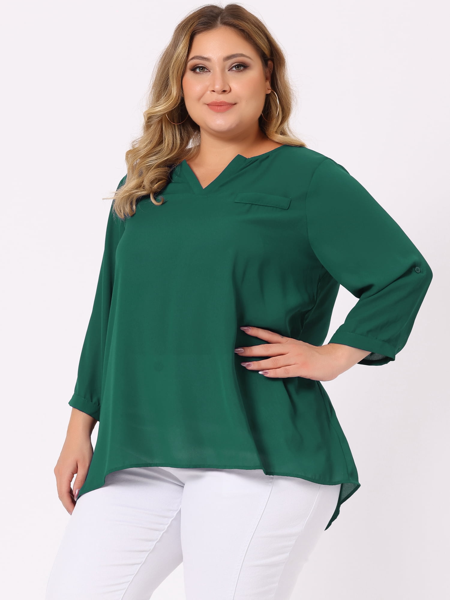 DARING DIVA Women's Plus 3/4 Sleeve Sheer Flowy Split V Neck Blouse 4X Green