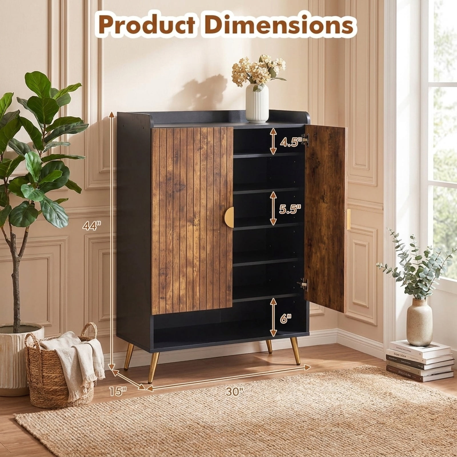 Furnibear 44 Inch Tall Shoe Storage Cabinet with 7 Tier Doors and Adjustable Shelves for Entryway Closet Hallway, Rustic Brown