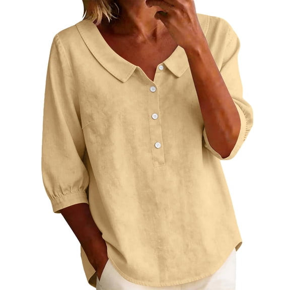 Homenesgenics Going Out Tops for Women Plus Size Collared Shirt Casual Short-Sleeve Half-Button Summer Yellow M