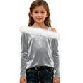 thumbnail image 2 of UQJfacai Girls Off The Shoulder Velvet Tops Kids Faux Fur Trim Long Sleeve Shirts Fall Winter Party Holiday Blouse Tee 4-14 Years, 2 of 7