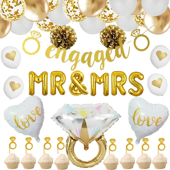 Gold Engagement Party Decorations, Gold Engaged Banner, MR and MRS Balloons , Giant Ring, Heart Balloons, Gold Latex Confetti Balloons for Engagement Bachelorette and Bridal Shower Decorations