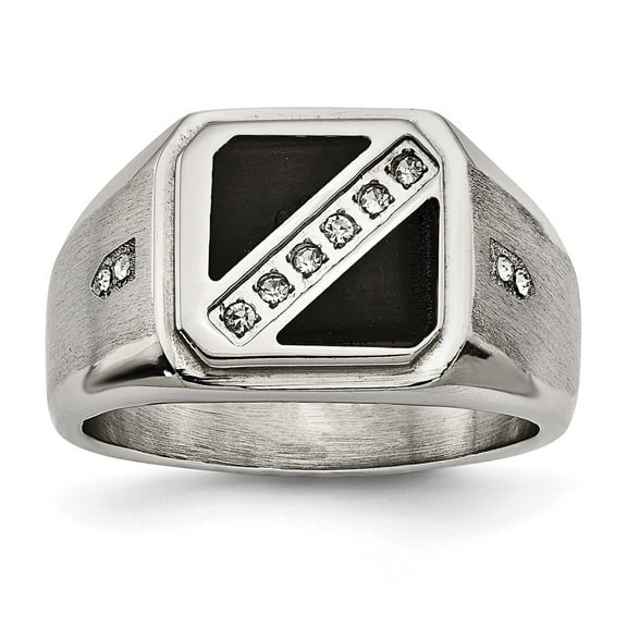 Auriga Fine Jewelry Stainless Steel Brushed and Polished with Black Enamel CZ Ring for Men Size 10