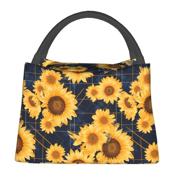 Fotbe Navy Blue Plaid Sunflower Bolsa Térmica Portátil con Estampado, Bolsa de Entrega de Alimentos Aislada, Bolsa Reutilizable de Gran Capacidad para Comidas y Supermercado
