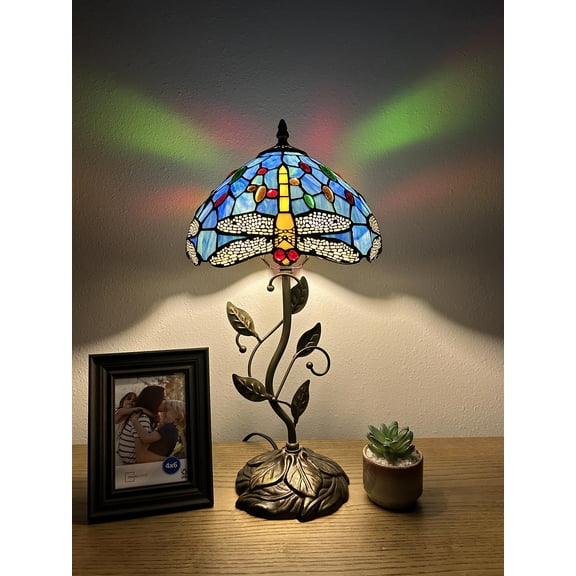 Tiffany Table Lamp Blue Stained Glass Dragonfly Pull Chain Switch LED Bulb Included for Living Room Dining Room Bedroom Bedside 20"H*10"W