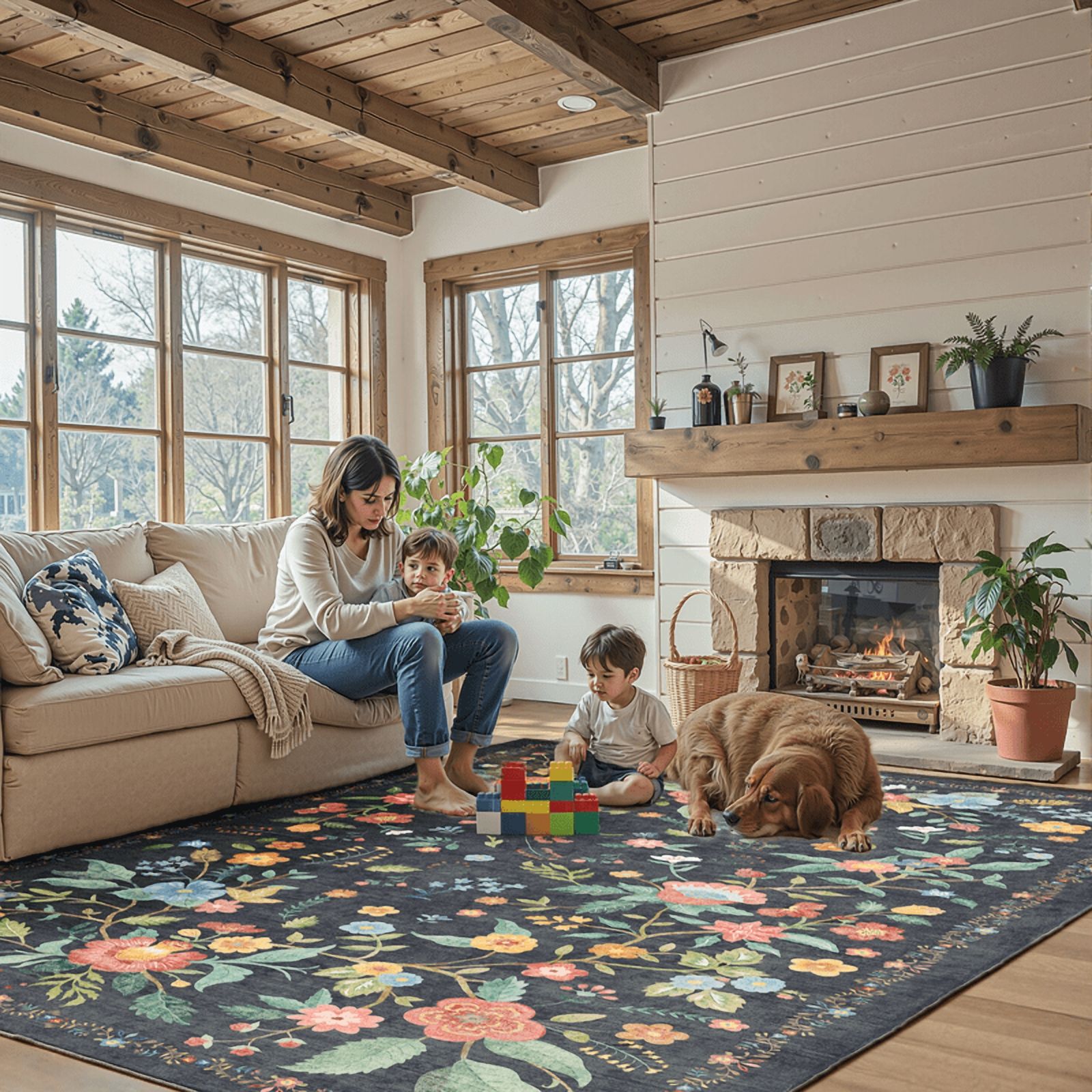 CHITOOMA 8'x10' Machine-washable Area Rugs for Living Room, Boho Floral Area Rugs with Non-Slip Backing, Stain Resistant Non-Shed Carpet for Bedroom, Dining Room, Dorm, Office