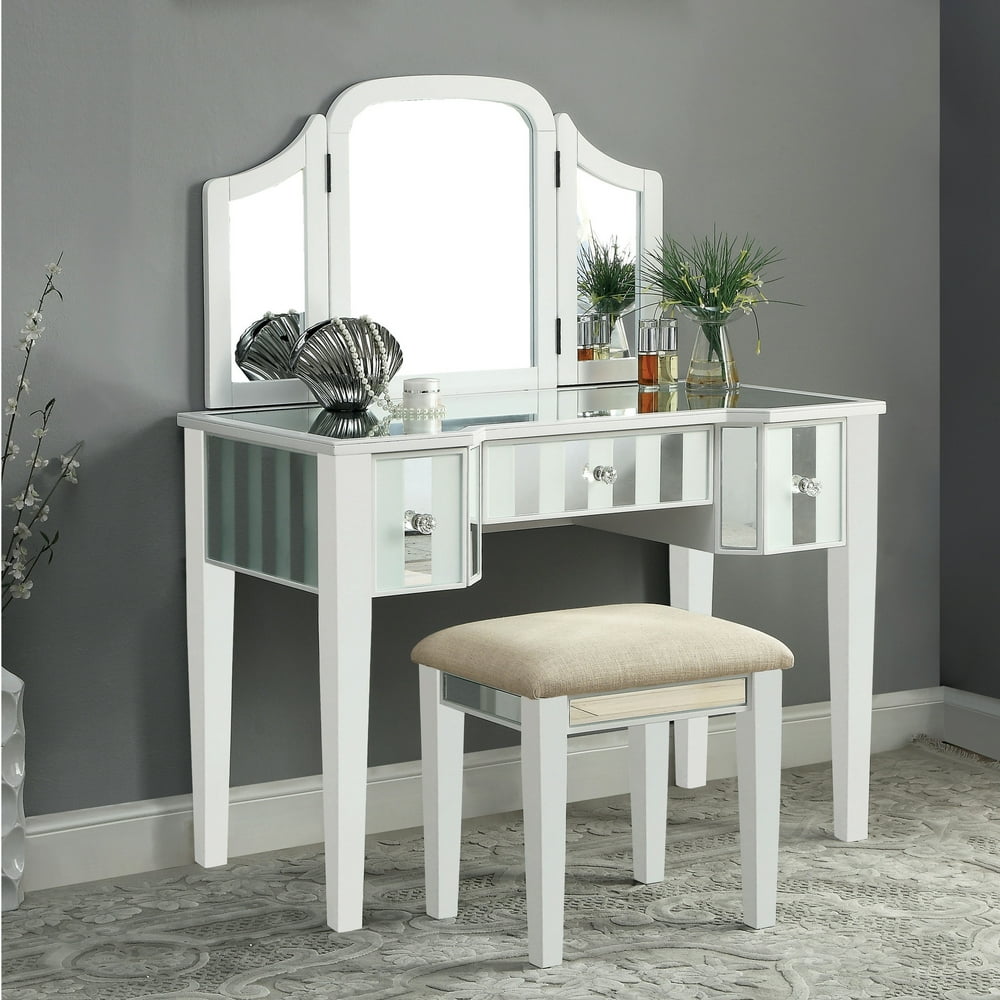Furniture of America Aleana Modern 3Piece Mirrored Vanity Set, White